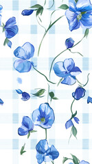 Poster - Sweet pea blooms against gingham checks, repetitive pattern