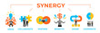 © master1305 - Set of business visuals showcasing ideas, partnership, benefits, and cooperation, highlighting concept of synergy in business success. Conceptual design. Collage made with 9 models. Banner