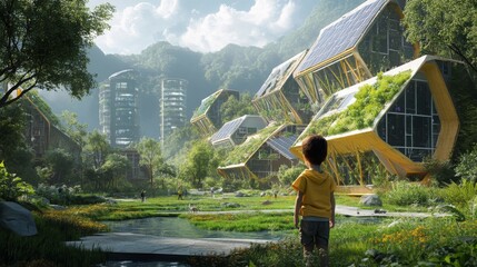 Poster - A child gazes at unique eco-friendly homes integrated with greenery and solar panels in a lush, futuristic setting. The scene highlights harmony between technology and nature in real estate.
