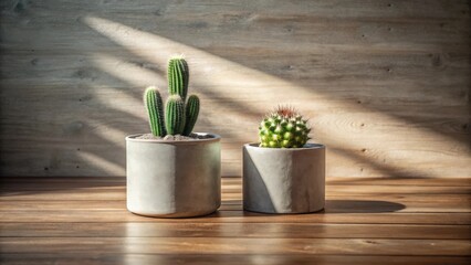 Poster - Two potted cacti in front of a wood background with beams of sunlight shining through