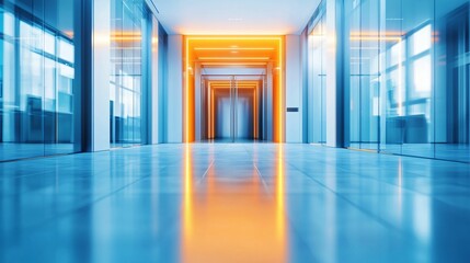 Poster - Blurred background, health and technology concept. Modern corridor with glowing lights and reflective floors.