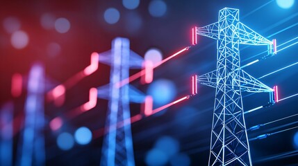 Poster - Renewable energy source security concept. Electric power lines with digital technology effects in a vibrant setting.