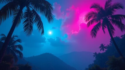 Fototapete - A tropical scene with a blue sky and purple and pink clouds