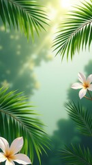 Poster - A tropical scene with green leaves and pink flowers