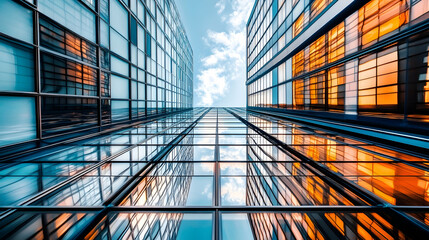 Wall Mural - Low angle view of modern glass skyscrapers reflecting sky and clouds.