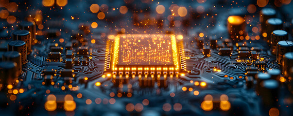 Poster - Illuminated Microchip on Circuit Board with Sparks