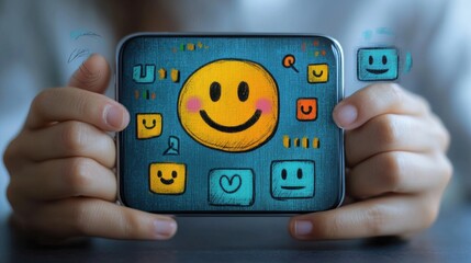 Poster - customer using smartphone with face icons and info graphic percentage to evaluate product after use service customer satisfaction concep