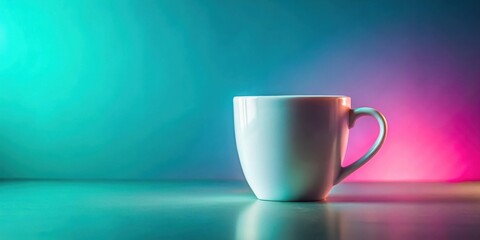 Poster - A white ceramic mug with a handle sits on a surface in front of a colorful gradient backdrop of blue and pink light.