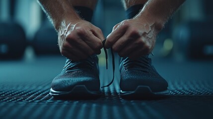  Man Tying Shoelaces in Gym: Fitness, Preparation, and Determination