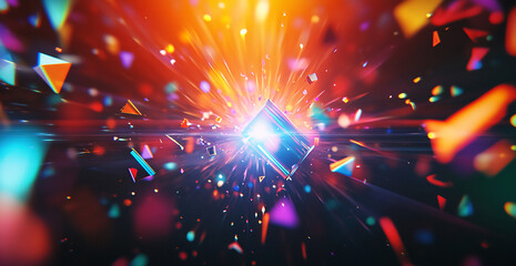Aufkleber - Colorful abstract explosion with geometric shapes and vibrant light effects emanating from a central cube