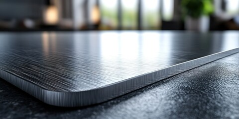 Poster - Reflections on a polished metal table surface in a modern interior setting with natural light streaming through windows