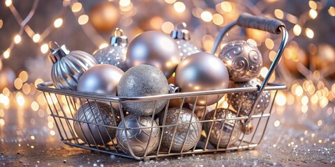 Poster - A wire basket filled with silver and gold Christmas ornaments sits on a surface covered in festive sparkle, illuminated by a string of soft warm lights.
