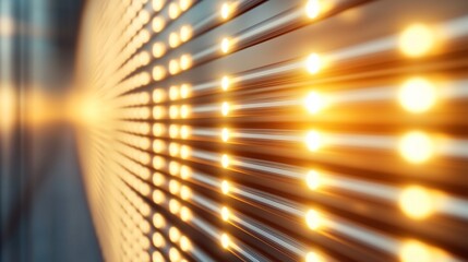 Poster - bright yellow lights create an abstract pattern along a long metallic surface in a dimly lit environ
