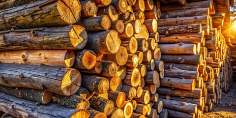Poster - A stack of logs illuminated by golden sunlight, their textured surfaces reflecting the warm glow