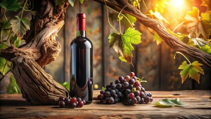 Poster - A bottle of red wine resting on a wooden table with grapes and a vine overhead. The sun shines through the leaves, creating a warm, inviting atmosphere.