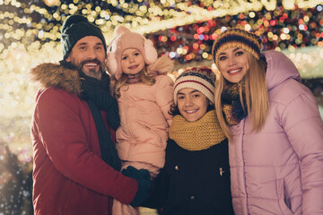 Poster - Photo of four cheerful positive people have good mood advent atmosphere city center illumination outdoors