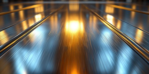 Poster - Reflective metallic surface capturing light in a modern indoor setting during evening hours