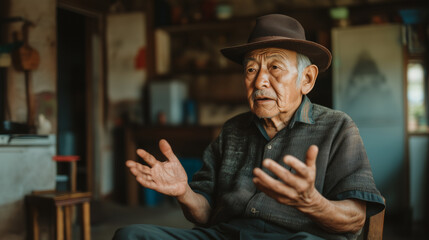 Wall Mural - An elderly Peruvian man in a hat and black shirt is sitting on a chair at home gesturing with his hands while telling a story