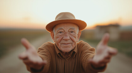 Wall Mural - An old man wearing a hat and a brown sweater is giving a hand gesture