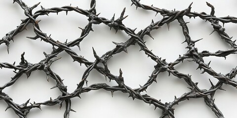 Poster - Artistic arrangement of intertwined thorns on a light background showcasing intricate textures and forms
