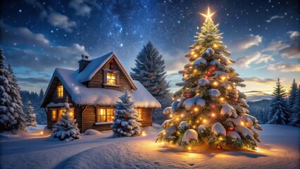 Poster - A Cozy Cabin Nestled Amidst a Snowy Forest, Illuminated by the Warm Glow of Christmas Lights, with a Starry Night Sky Above