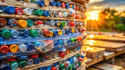 Poster - A whimsical and colorful structure created by stacking a diverse array of bottle caps against a backdrop of golden sunset light