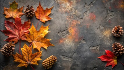 Aufkleber - Autumnal Display of Maple Leaves and Pine Cones on a Dark Gray Background