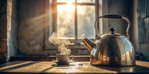 Poster - A vintage brass kettle steams on a wooden table in the sunlight beside a cup of tea