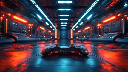 Poster - futuristic stage and gamepad 3d rendering