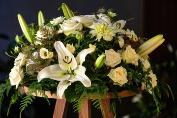 Poster - A beautiful bouquet of white flowers sits atop a rustic wooden easel, perfect for decorative or artistic use