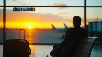 Poster - A person sitting on a bench with a suitcase, possibly waiting for transportation