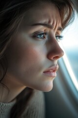 Poster - A passenger looking out the window on a flight, with clouds and sky visible