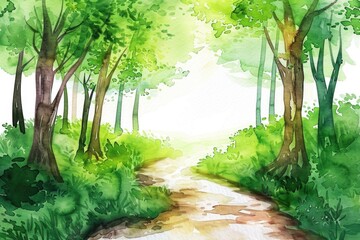 Aufkleber - A serene watercolor illustration of a winding path through the woods, perfect for nature-inspired designs or illustrations