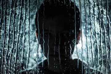 Poster - A person stands at a rainy window, illustration of gloomy weather