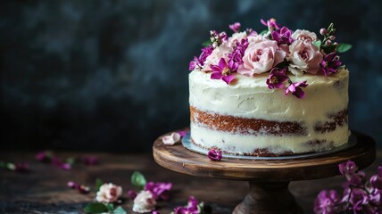 Wall Mural - Beautiful floral-decorated cake on wooden stand with cream icing