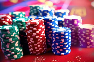 Poster - A collection of poker chips stacked on a table, suitable for casino or game-related contexts
