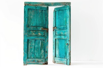 Poster - A pair of open blue doors sitting on a white floor, great for interior design or minimalist theme concepts
