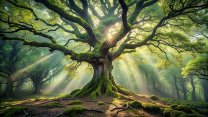 Poster - Ancient Tree Bathed in Sunlight, Its Mighty Branches Reaching Towards the Sky, Creating a Canopy of Green Leaves and a Pathway of Light