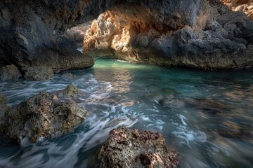 Aufkleber - A serene natural setting featuring a body of water surrounded by rocks with a cave in the background