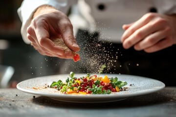 Poster - A chef sprinkling salt over a plate of food, a common kitchen scene