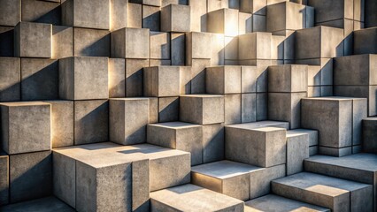 Aufkleber - A geometric composition of concrete cubes, stacked in a staggered pattern, illuminated by the warm glow of the setting sun, creating a sense of depth and perspective.