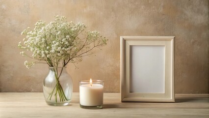 Poster - A simple vignette featuring a vase of delicate white flowers, a burning candle, and a blank picture frame, all resting on a rustic wooden surface.