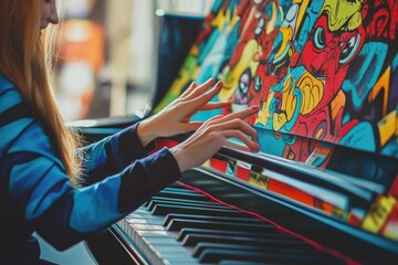 Poster - A person sitting at a piano in a bright and cheerful space, perfect for music or art uses