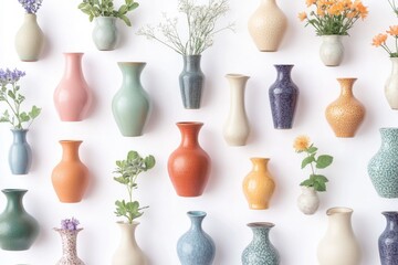 Poster - A collection of colorful vases arranged on a plain white surface