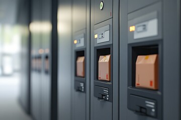 Poster - Row of metal lockers filled with storage boxes and containers