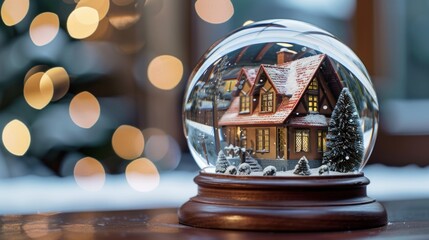 Aufkleber - A snow globe sits atop a wooden table, complete with tiny snowflakes and figurines inside