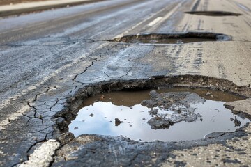 Poster - A pothole on the side of a road, surrounded by other potholes