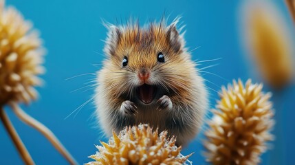 Aufkleber - A small brown and white mouse standing on a green plant, ready to explore