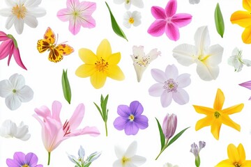 Poster - Fresh bouquet of various flowers against a clean white surface, ideal for use in still life photography or as a decorative element