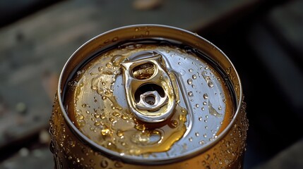 Aufkleber - A single can of soda sitting on a wooden table, perfect for a rustic or outdoorsy themed shoot